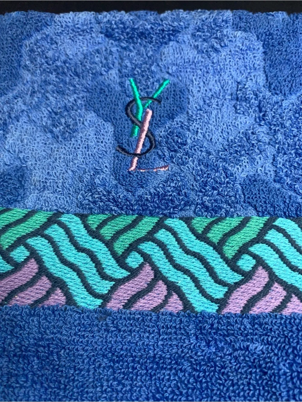 Yves Saint Laurent Blue Towel with Teal, Pink & Black Accents